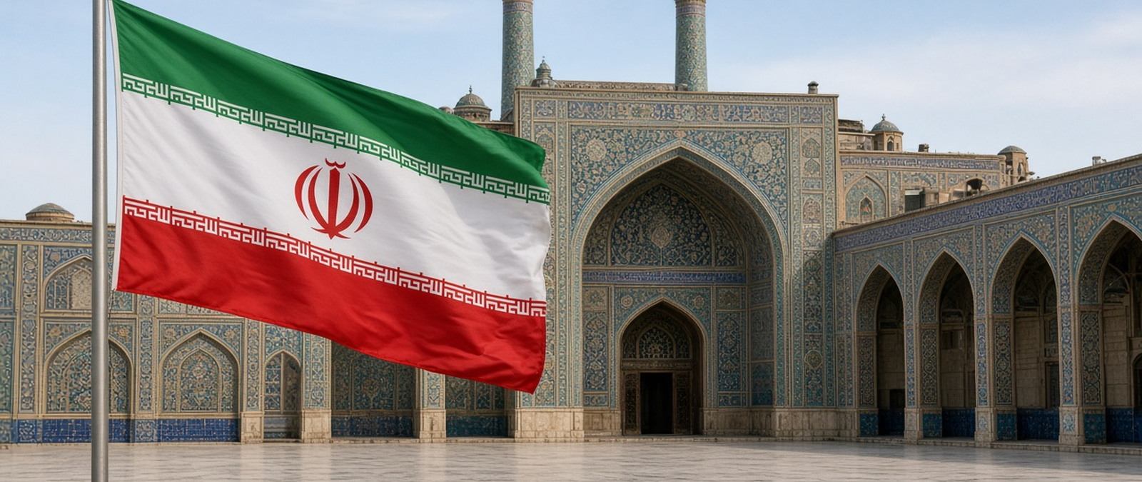 Illustration of the Iranian flag beside a mosque
