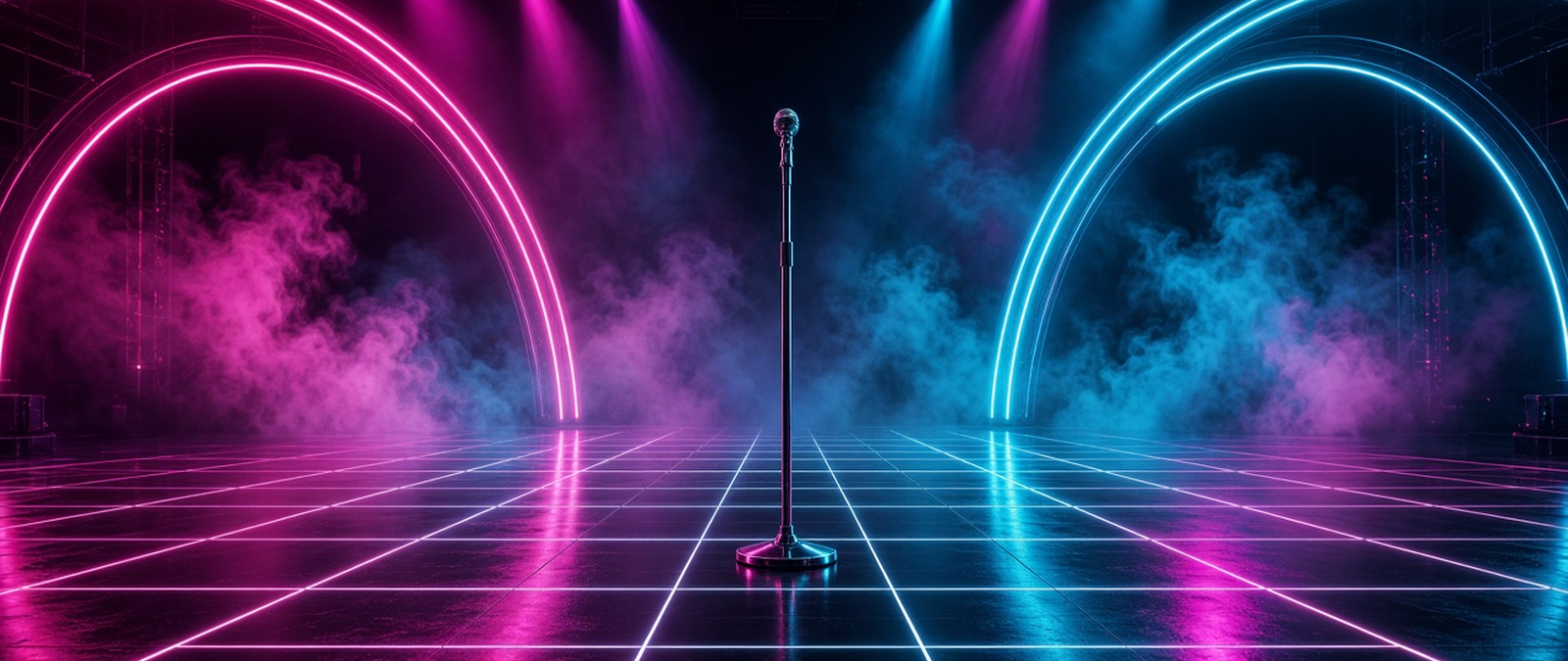 Illustration of an empty stage lit by neon arches, representing a live show