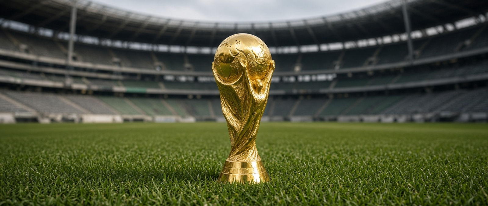 Illustration of a football trophy standing on a grass pitch