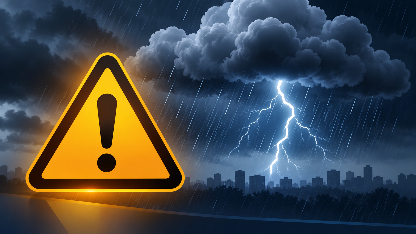 Illustration of a storm warning sign under dark clouds