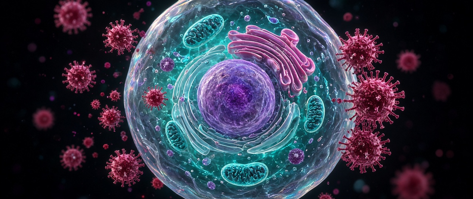 Illustration of virus particles infecting a cell