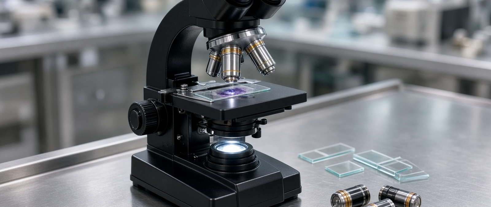 Illustration of a microscope with its lenses focused on a glass slide