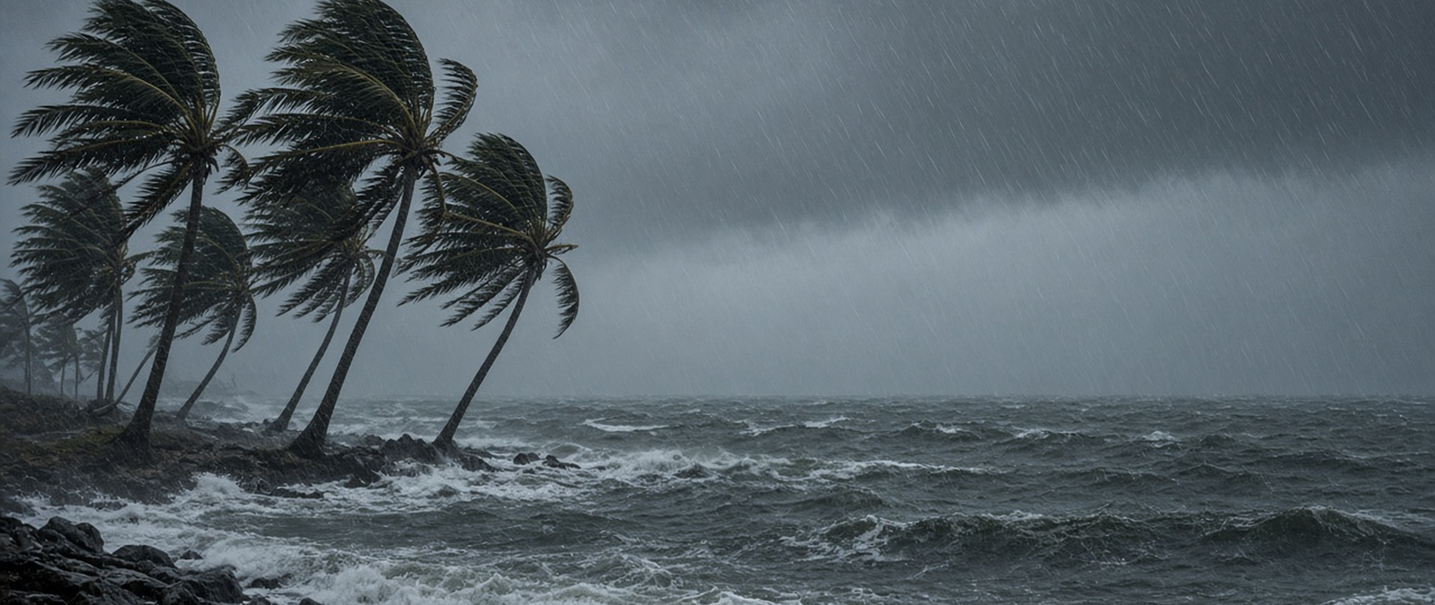 Illustration of palm trees bending in cyclone winds
