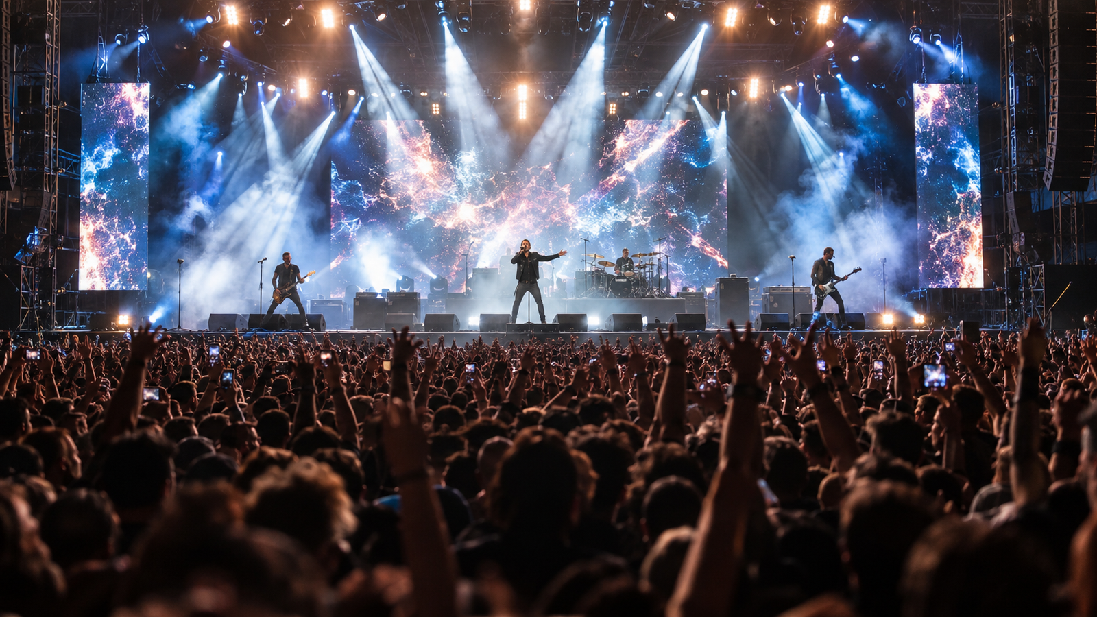 Illustration of a pop concert with a crowd in front of a stage