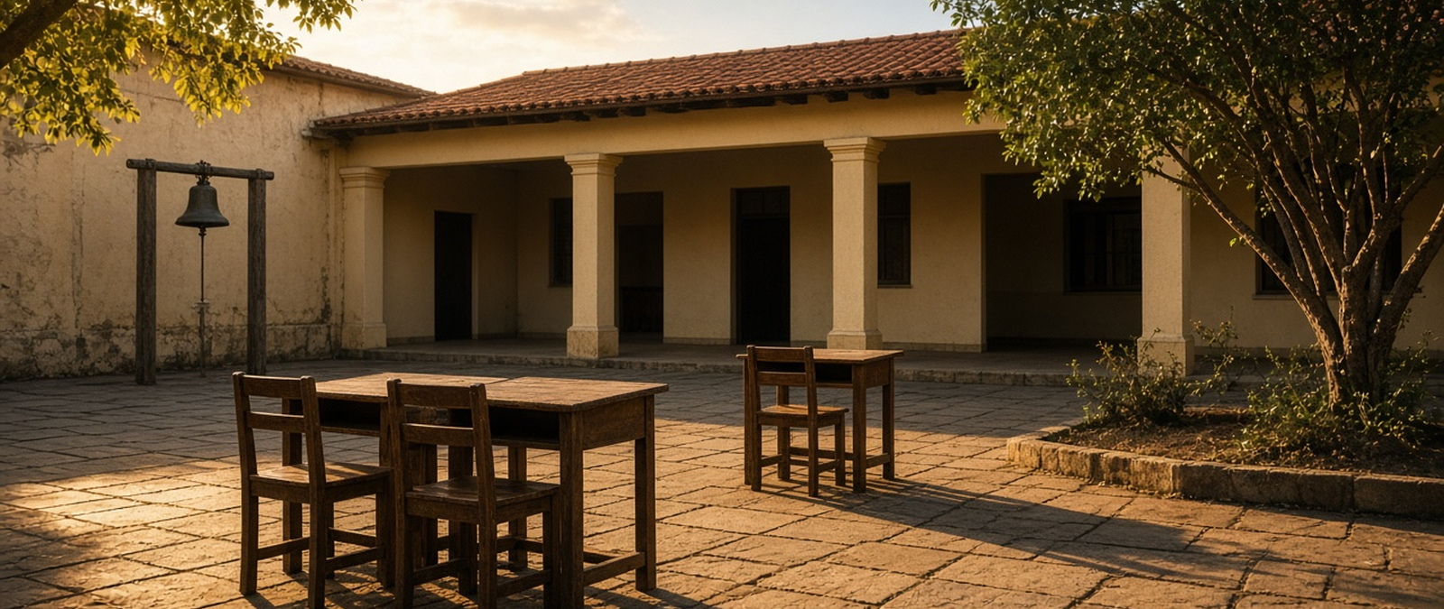 Illustration of a schoolyard with desks