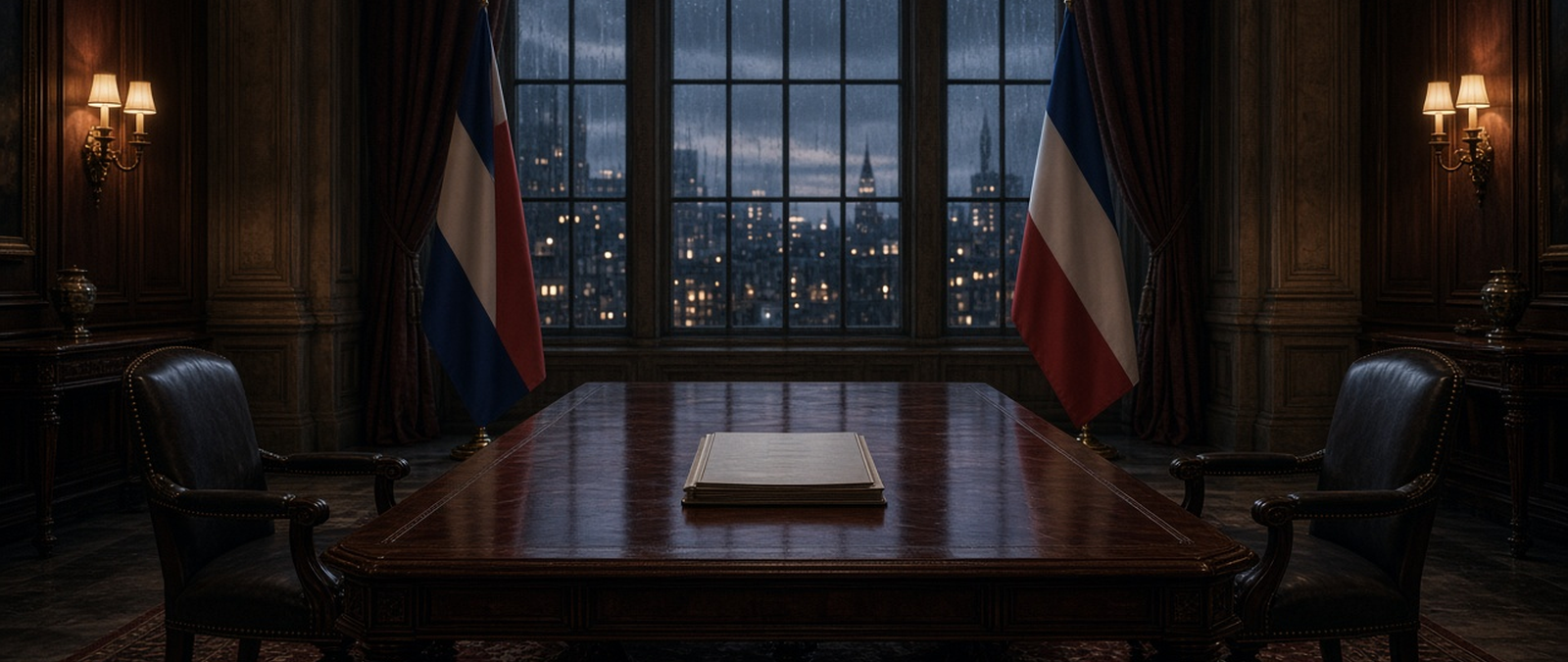 Illustration of a diplomatic summit with a treaty on the negotiating table