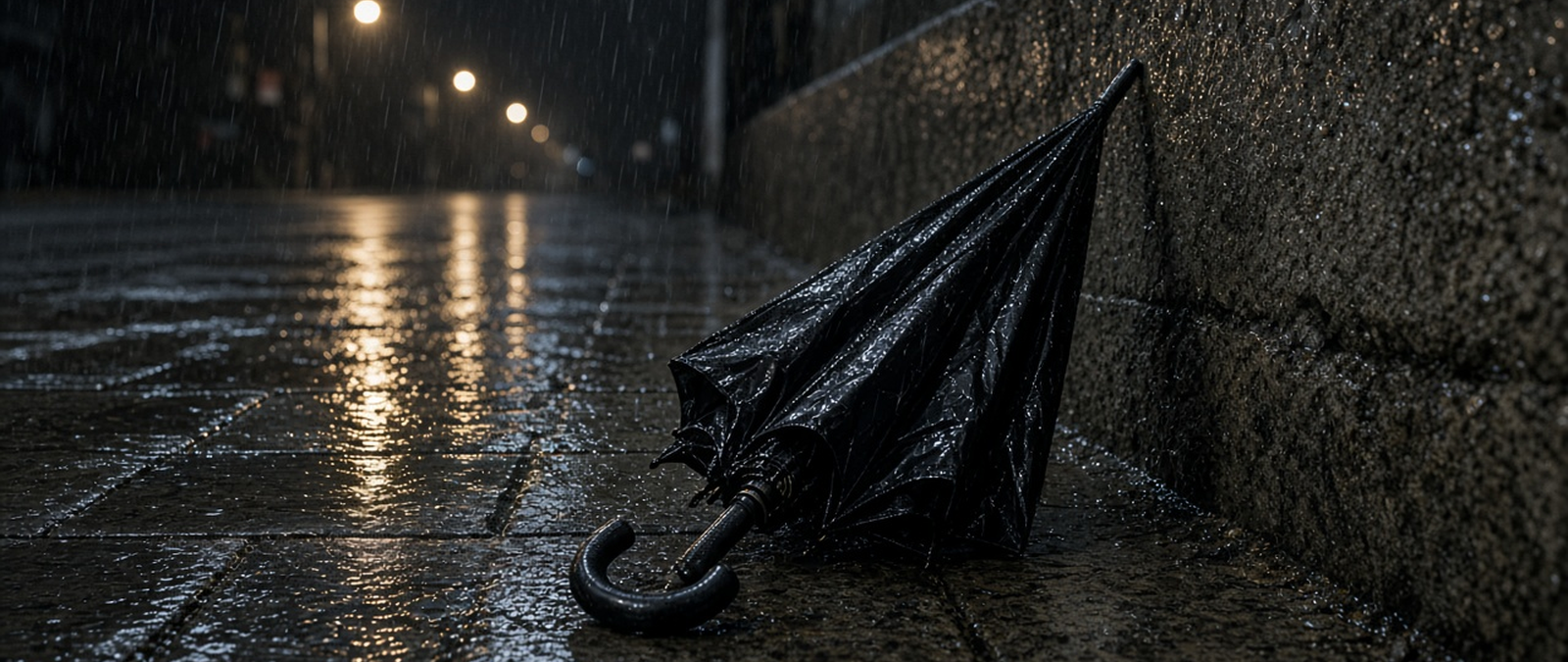 Illustration of an umbrella on a wet city pavement during heavy rain